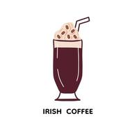 Alcohol cocktail Irish coffee. Cute vector illustration  with straw. Element isolated on white background. Symbol for menu, flyer, booklet, brochure, background, card, invitation.