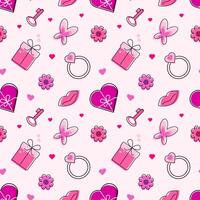 Seamless pattern valentines day. Line art style on pink background. Print for card, background, invitation, greeting card, textile, wallpapers. Cute vector illustration.