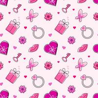 Seamless pattern valentines day. Line art style on pink background. Print for card, background, invitation, greeting card, textile, wallpapers. Cute vector illustration.