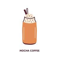 Cute vector illustration of Mocha in glass with straw. Element isolated on white background. For menu, flyer, booklet, brochure, background, card, invitation.