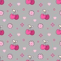 Cute seamless pattern with cherry on a branch and hearts background. Print for children clothing, card, background. vector