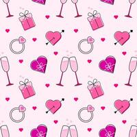 Seamless pattern valentines day. Line art style on pink background. Print for card, background, invitation, greeting card, textile, wallpapers. Ring, gift box, candy, wineglass. vector