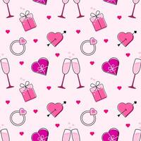 Seamless pattern valentines day. Line art style on pink background. Print for card, background, invitation, greeting card, textile, wallpapers. Ring, gift box, candy, wineglass. vector