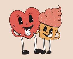 heart and cupcake with eyes, cartoon groovy characters in retro style vector