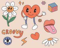 Groovy hippie 70s set. Funny cartoon Stickers pack in trendy retro cartoon style vector