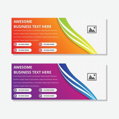 collection of abstract horizontal banner design template with example of headline is awesome business text here. purple and orange gradient background