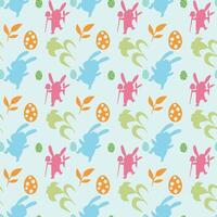 Easter seamless pattern. Colorful rabbits, flowers and leaves on a white background vector