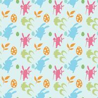 Easter seamless pattern. Colorful rabbits, flowers and leaves on a white background vector