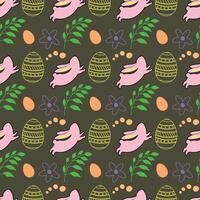 Easter seamless pattern with cute bunnies and colored eggs. Colorful vector background