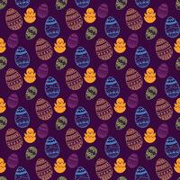 Seamless pattern with Easter Bunny looking out of an egg and decorated eggs. vector