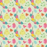 Easter seamless pattern with vector icons of eggs, chickens, flowers and bunnies