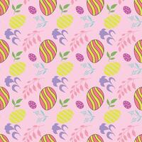 Seamless pattern with handdrawn easter eggs, flowers, leaves and other elements on pink background vector