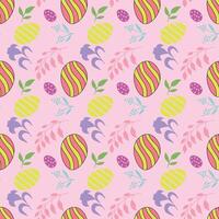 Seamless pattern with handdrawn easter eggs, flowers, leaves and other elements on pink background vector