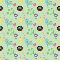 Seamless vector pattern for the holiday of bright Easter. Cute Easter bunnies, chickens, eggs