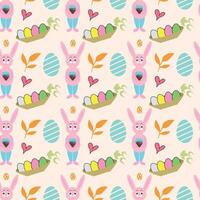 Easter seamless pattern with bunny, eggs, cake and willow branches, vector illustration on white background. Easter cake, bunny, decorated eggs and willow branches - seamless pattern