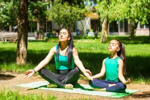 young mother and daughter doing yoga exercises, young woman  doing yoga exercises in the park photo