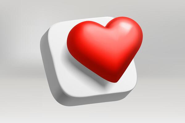 Internet application button with red heart on grey background. 3d vector illustration