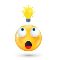 Yellow cute emoji face with lightbulb. Inspiration concept. 3d vector illustration