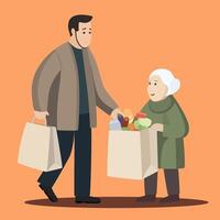 A man in a store bought groceries and gave them to a poor old woman vector