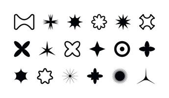 Y2K element set, retro-futuristic Memphis brutalism icons. Simple forms, symbols and frames isolated on transparent background, collection of different graphic star, sparkle and shapes vector