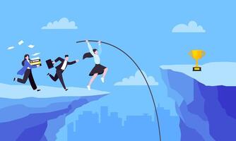 Business people runs and jumps pole vault over abyss flat style design vector illustration