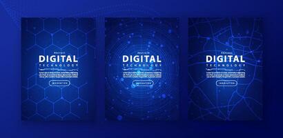 Poster brochure cover banner presentation layout template, technology digital futuristic internet network connection blue background, abstract cyber future tech communication, Ai big data science 3d vector