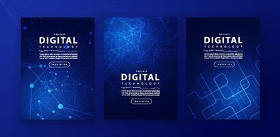 Poster brochure cover banner presentation layout template, technology digital futuristic internet network connection blue background, abstract cyber future tech communication, Ai big data science 3d vector