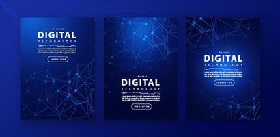 Poster brochure cover banner presentation layout template, technology digital futuristic internet network connection blue background, abstract cyber future tech communication, Ai big data science 3d vector