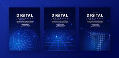 Poster brochure cover banner presentation layout template, technology digital futuristic internet network connection blue background, abstract cyber future tech communication, Ai big data science 3d vector