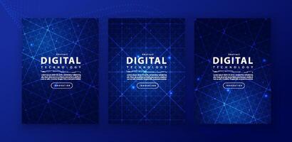 Poster brochure cover banner presentation layout template, technology digital futuristic internet network connection blue background, abstract cyber future tech communication, Ai big data science 3d vector