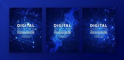 Poster brochure cover banner presentation layout template, technology digital futuristic internet network connection blue background, abstract cyber future tech communication, Ai big data science 3d vector