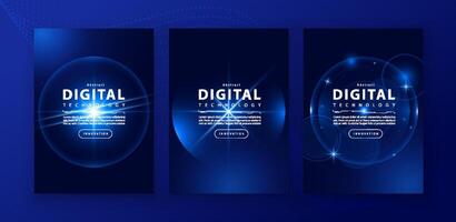 Poster brochure cover banner presentation layout template, technology digital futuristic internet network connection blue background, abstract cyber future tech communication, Ai big data science 3d vector