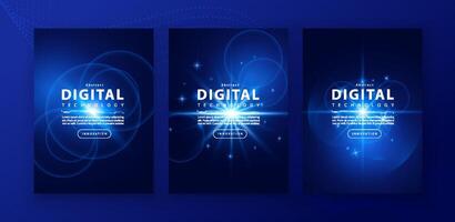 Poster brochure cover banner presentation layout template, technology digital futuristic internet network connection blue background, abstract cyber future tech communication, Ai big data science 3d vector