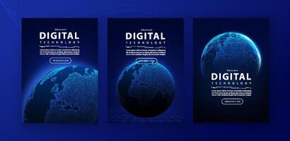 Poster brochure cover banner presentation layout template, technology digital futuristic internet network connection blue background, abstract cyber future tech communication, Ai big data science 3d vector