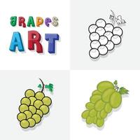 Grapes art sketch, colouring page, flat and realistic grapes fruit illustration for kids vector