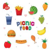 Set of picnic food with colourful text vector illustration in cartoon style fries, drinks, burger, chicken, banana, grapes, watermelon, mango, strawberry, apple, pineapple on white background