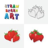 Strawberry art sketch, colouring page, flat and realistic strawberry fruit illustration for kids vector