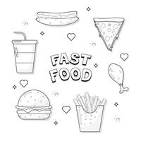 Set of fast food, colour less fast food, stickers, colouring page for colouring book vector