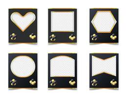 Set of black dark colour with gold border photo frame with balloons vector illustration