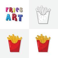 Fries bag art sketch, colouring page, flat and realistic fries fast food illustration for kids vector