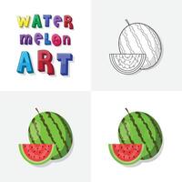 Watermelon art sketch, colouring page, flat and realistic watermelon fruit illustration for kids vector