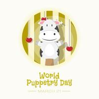 World Puppetry Day poster with cute cow puppet vector