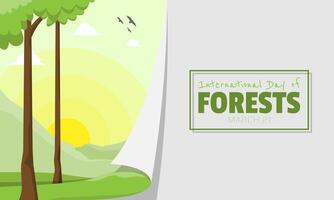 International Day of Forests poster with tall trees and mountains in the background vector