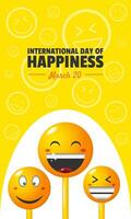 internacional día de felicidad póster con Tres sonriente caras vector