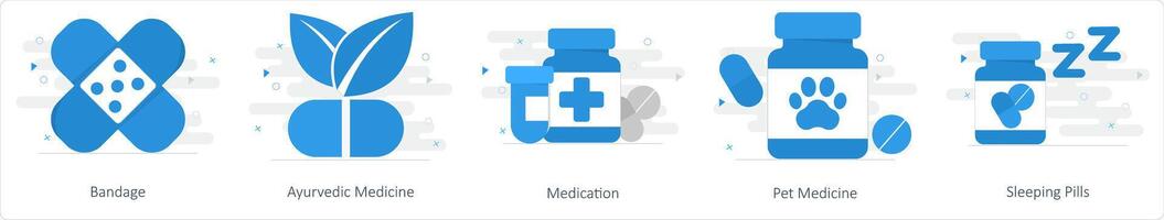 A set of 5 mix icons as bandage, ayurvedic medicine, medidation vector