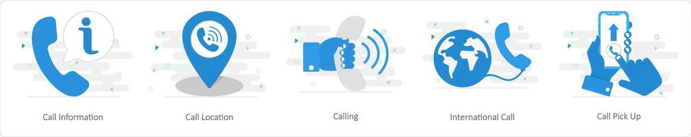 A set of 5 Mix icons as call information, call location, calling vector