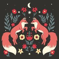 Symmetrical composition of two foxes and flowers on a dark background. Vector graphics
