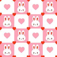 Cute checkered seamless pattern with kawaii bunnies and hearts. Vector graphics.