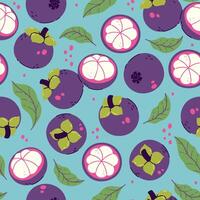 Seamless pattern with mangosteens and leaves on a blue background. Vector graphics.