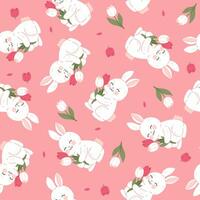 Seamless pattern with cute bunnies and tulips on a pink background. Vector graphics.